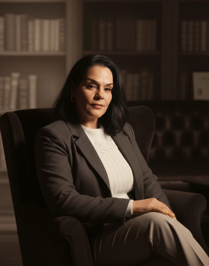 Lucila Turrini sentada em uma poltrona, diante de uma estante de livros